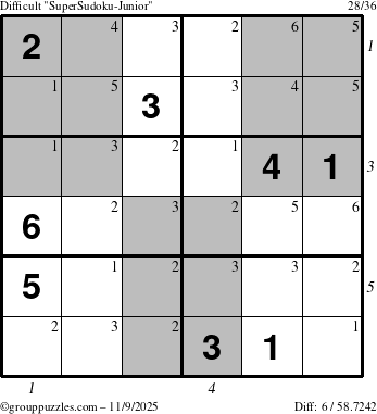 The grouppuzzles.com Difficult SuperSudoku-Junior puzzle for Sunday November 9, 2025, suitable for printing, with all 6 steps marked