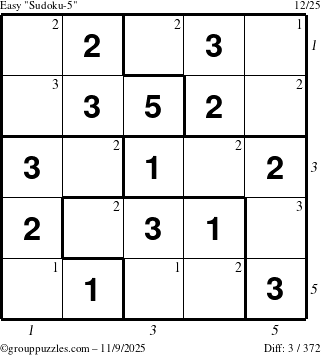 The grouppuzzles.com Easy Sudoku-5 puzzle for Sunday November 9, 2025 with all 3 steps marked
