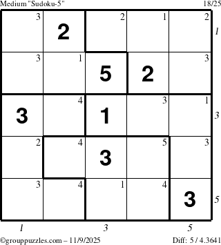 The grouppuzzles.com Medium Sudoku-5 puzzle for Sunday November 9, 2025 with all 5 steps marked