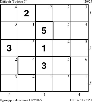 The grouppuzzles.com Difficult Sudoku-5 puzzle for Sunday November 9, 2025, suitable for printing, with all 6 steps marked