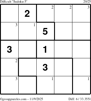 The grouppuzzles.com Difficult Sudoku-5 puzzle for Sunday November 9, 2025 with the first 3 steps marked