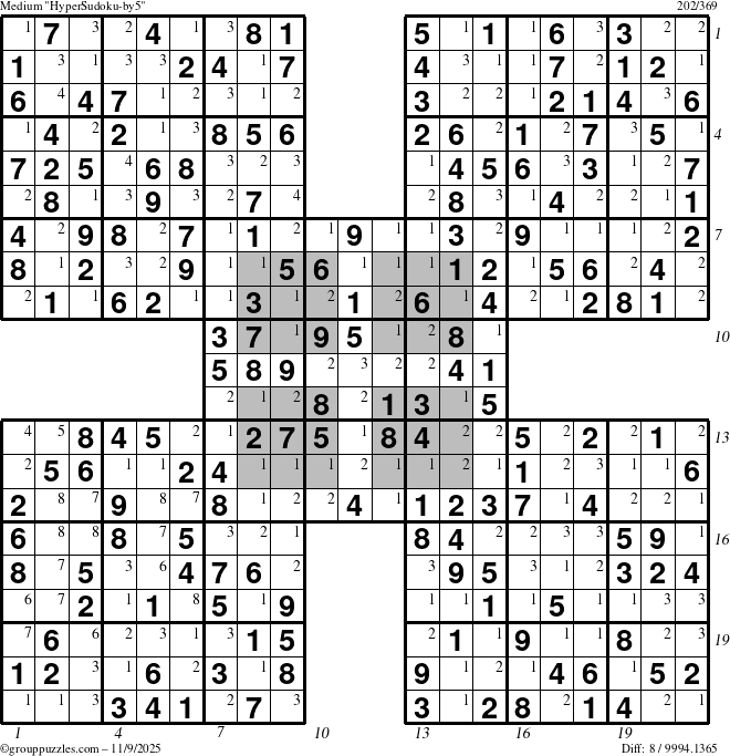 The grouppuzzles.com Medium HyperSudoku-by5 puzzle for Sunday November 9, 2025 with all 8 steps marked
