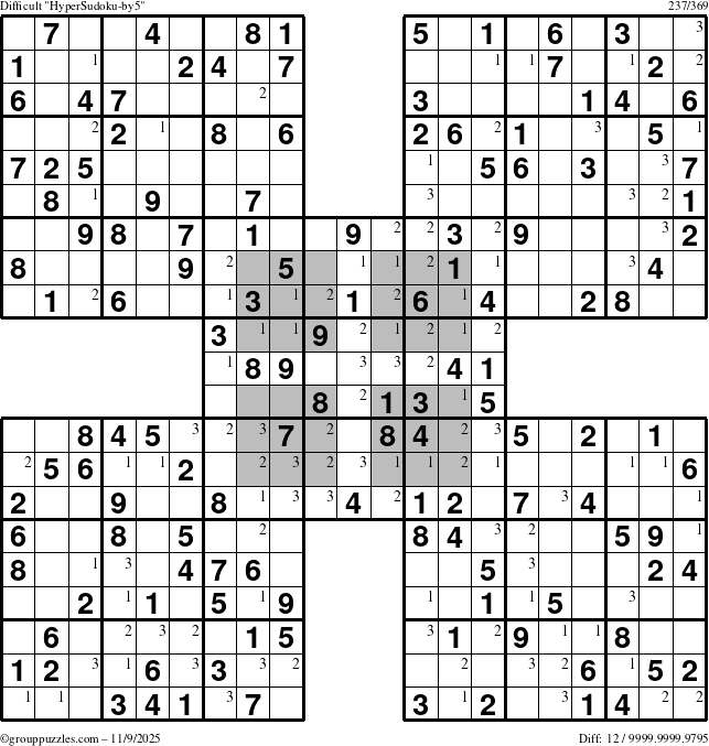 The grouppuzzles.com Difficult HyperSudoku-by5 puzzle for Sunday November 9, 2025 with the first 3 steps marked