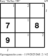 The grouppuzzles.com Easy TicTac-789 puzzle for Sunday November 9, 2025, suitable for printing, with all 2 steps marked