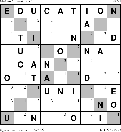 The grouppuzzles.com Medium Education-X puzzle for Sunday November 9, 2025 with the first 3 steps marked