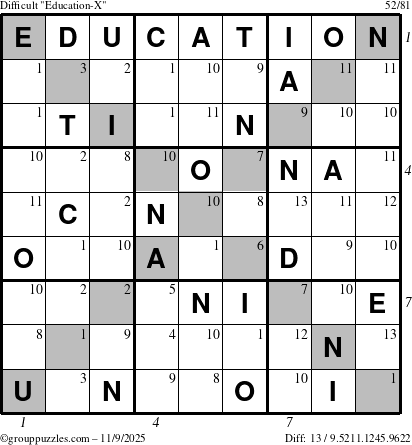 The grouppuzzles.com Difficult Education-X puzzle for Sunday November 9, 2025 with all 13 steps marked
