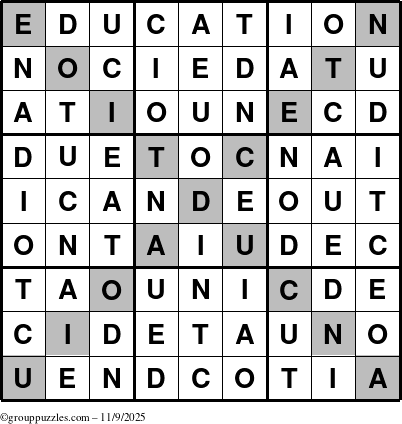 The grouppuzzles.com Answer grid for the Education-X puzzle for Sunday November 9, 2025
