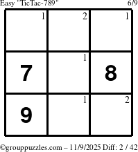 The grouppuzzles.com Easy TicTac-789 puzzle for Sunday November 9, 2025 with the first 2 steps marked