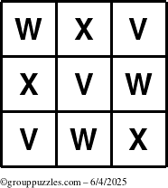 The grouppuzzles.com Answer grid for the TicTac-VWX puzzle for Wednesday June 4, 2025