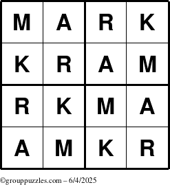 The grouppuzzles.com Answer grid for the Mark puzzle for Wednesday June 4, 2025