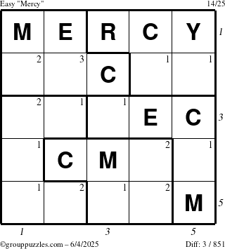 The grouppuzzles.com Easy Mercy puzzle for Wednesday June 4, 2025 with all 3 steps marked