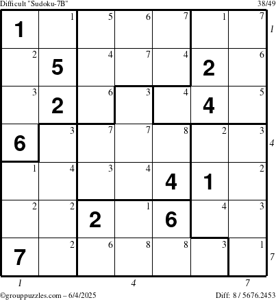 The grouppuzzles.com Difficult Sudoku-7B puzzle for Wednesday June 4, 2025 with all 8 steps marked