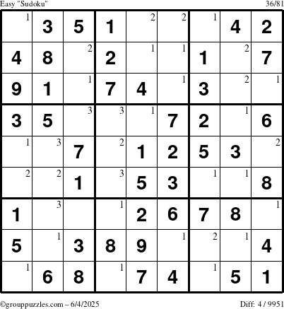 The grouppuzzles.com Easy Sudoku puzzle for Wednesday June 4, 2025 with the first 3 steps marked