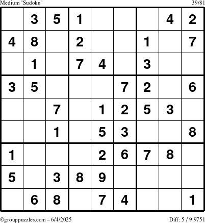 The grouppuzzles.com Medium Sudoku puzzle for Wednesday June 4, 2025