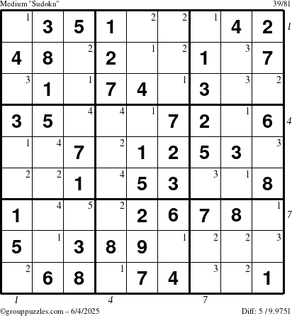 The grouppuzzles.com Medium Sudoku puzzle for Wednesday June 4, 2025 with all 5 steps marked