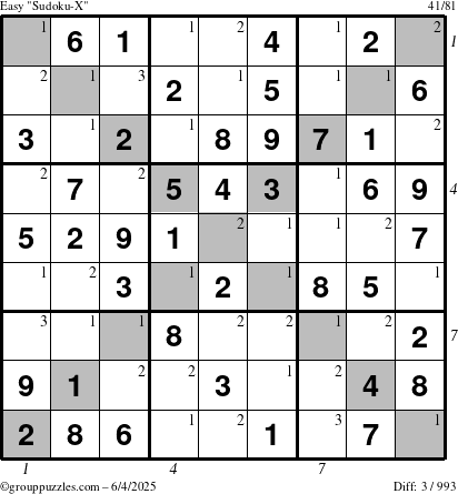 The grouppuzzles.com Easy Sudoku-X puzzle for Wednesday June 4, 2025 with all 3 steps marked
