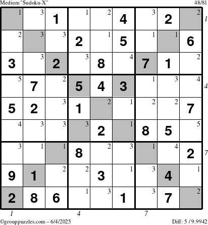 The grouppuzzles.com Medium Sudoku-X puzzle for Wednesday June 4, 2025 with all 5 steps marked