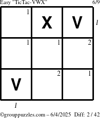 The grouppuzzles.com Easy TicTac-VWX puzzle for Wednesday June 4, 2025, suitable for printing, with all 2 steps marked