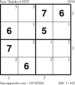 The grouppuzzles.com Easy Sudoku-4-5678 puzzle for Wednesday October 14, 2026, suitable for printing, with all 3 steps marked