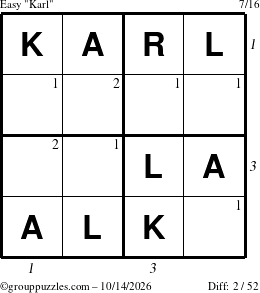 The grouppuzzles.com Easy Karl puzzle for Wednesday October 14, 2026, suitable for printing, with all 2 steps marked