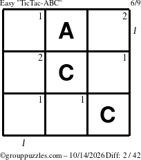 The grouppuzzles.com Easy TicTac-ABC puzzle for Wednesday October 14, 2026, suitable for printing, with all 2 steps marked