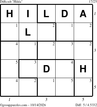 The grouppuzzles.com Difficult Hilda puzzle for Wednesday October 14, 2026, suitable for printing, with all 5 steps marked