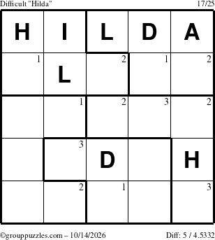 The grouppuzzles.com Difficult Hilda puzzle for Wednesday October 14, 2026 with the first 3 steps marked