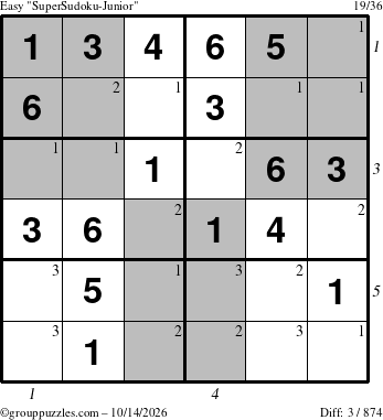 The grouppuzzles.com Easy SuperSudoku-Junior puzzle for Wednesday October 14, 2026 with all 3 steps marked