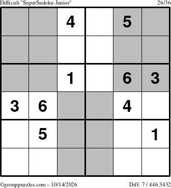 The grouppuzzles.com Difficult SuperSudoku-Junior puzzle for Wednesday October 14, 2026