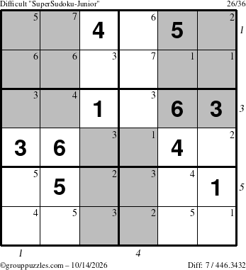 The grouppuzzles.com Difficult SuperSudoku-Junior puzzle for Wednesday October 14, 2026, suitable for printing, with all 7 steps marked
