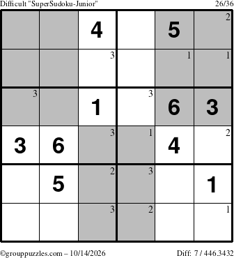 The grouppuzzles.com Difficult SuperSudoku-Junior puzzle for Wednesday October 14, 2026 with the first 3 steps marked