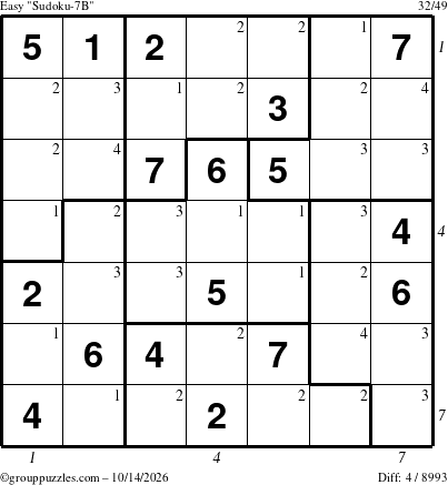 The grouppuzzles.com Easy Sudoku-7B puzzle for Wednesday October 14, 2026, suitable for printing, with all 4 steps marked