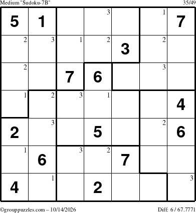 The grouppuzzles.com Medium Sudoku-7B puzzle for Wednesday October 14, 2026 with the first 3 steps marked