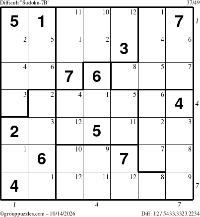 The grouppuzzles.com Difficult Sudoku-7B puzzle for Wednesday October 14, 2026 with all 12 steps marked