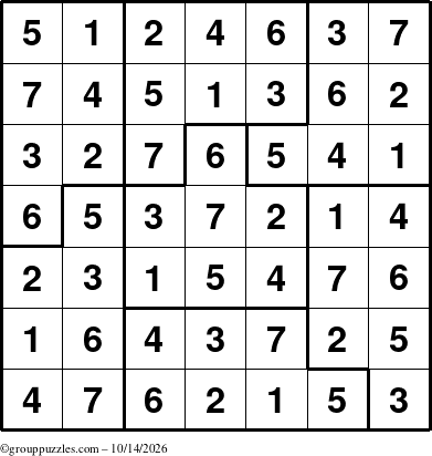 The grouppuzzles.com Answer grid for the Sudoku-7B puzzle for Wednesday October 14, 2026