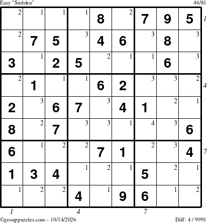 The grouppuzzles.com Easy Sudoku puzzle for Wednesday October 14, 2026, suitable for printing, with all 4 steps marked