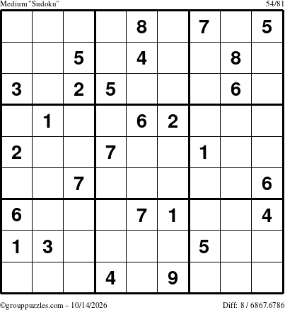 The grouppuzzles.com Medium Sudoku puzzle for Wednesday October 14, 2026