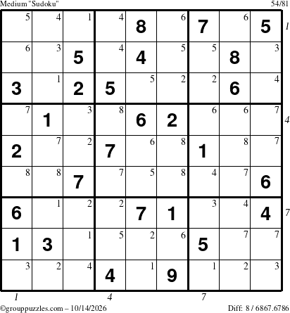 The grouppuzzles.com Medium Sudoku puzzle for Wednesday October 14, 2026, suitable for printing, with all 8 steps marked