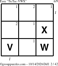 The grouppuzzles.com Easy TicTac-VWX puzzle for Wednesday October 14, 2026 with all 2 steps marked