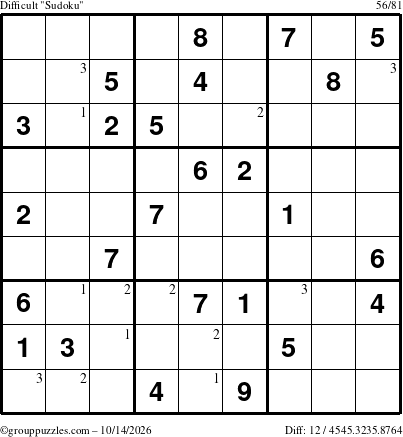 The grouppuzzles.com Difficult Sudoku puzzle for Wednesday October 14, 2026 with the first 3 steps marked