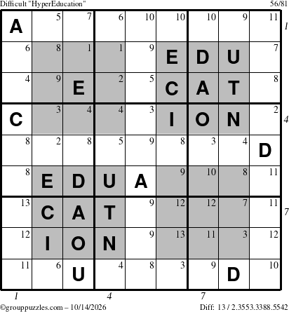 The grouppuzzles.com Difficult HyperEducation-i23 puzzle for Wednesday October 14, 2026, suitable for printing, with all 13 steps marked