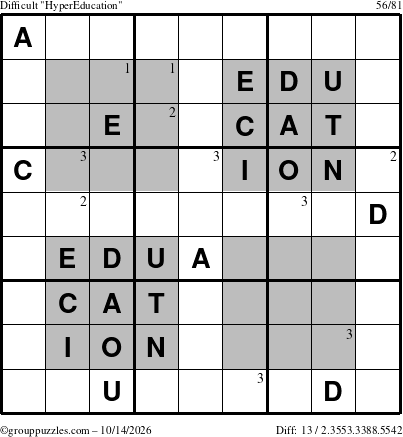 The grouppuzzles.com Difficult HyperEducation-i23 puzzle for Wednesday October 14, 2026 with the first 3 steps marked