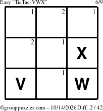 The grouppuzzles.com Easy TicTac-VWX puzzle for Wednesday October 14, 2026 with the first 2 steps marked