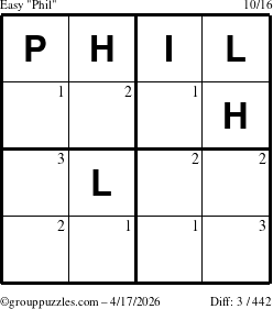 The grouppuzzles.com Easy Phil puzzle for Friday April 17, 2026 with the first 3 steps marked