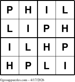 The grouppuzzles.com Answer grid for the Phil puzzle for Friday April 17, 2026