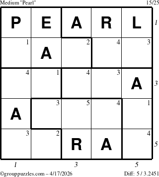 The grouppuzzles.com Medium Pearl puzzle for Friday April 17, 2026, suitable for printing, with all 5 steps marked