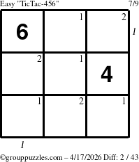 The grouppuzzles.com Easy TicTac-456 puzzle for Friday April 17, 2026, suitable for printing, with all 2 steps marked