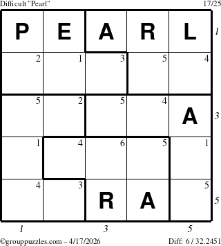 The grouppuzzles.com Difficult Pearl puzzle for Friday April 17, 2026, suitable for printing, with all 6 steps marked