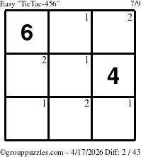 The grouppuzzles.com Easy TicTac-456 puzzle for Friday April 17, 2026 with the first 2 steps marked