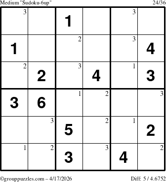 The grouppuzzles.com Medium Sudoku-6up puzzle for Friday April 17, 2026 with the first 3 steps marked